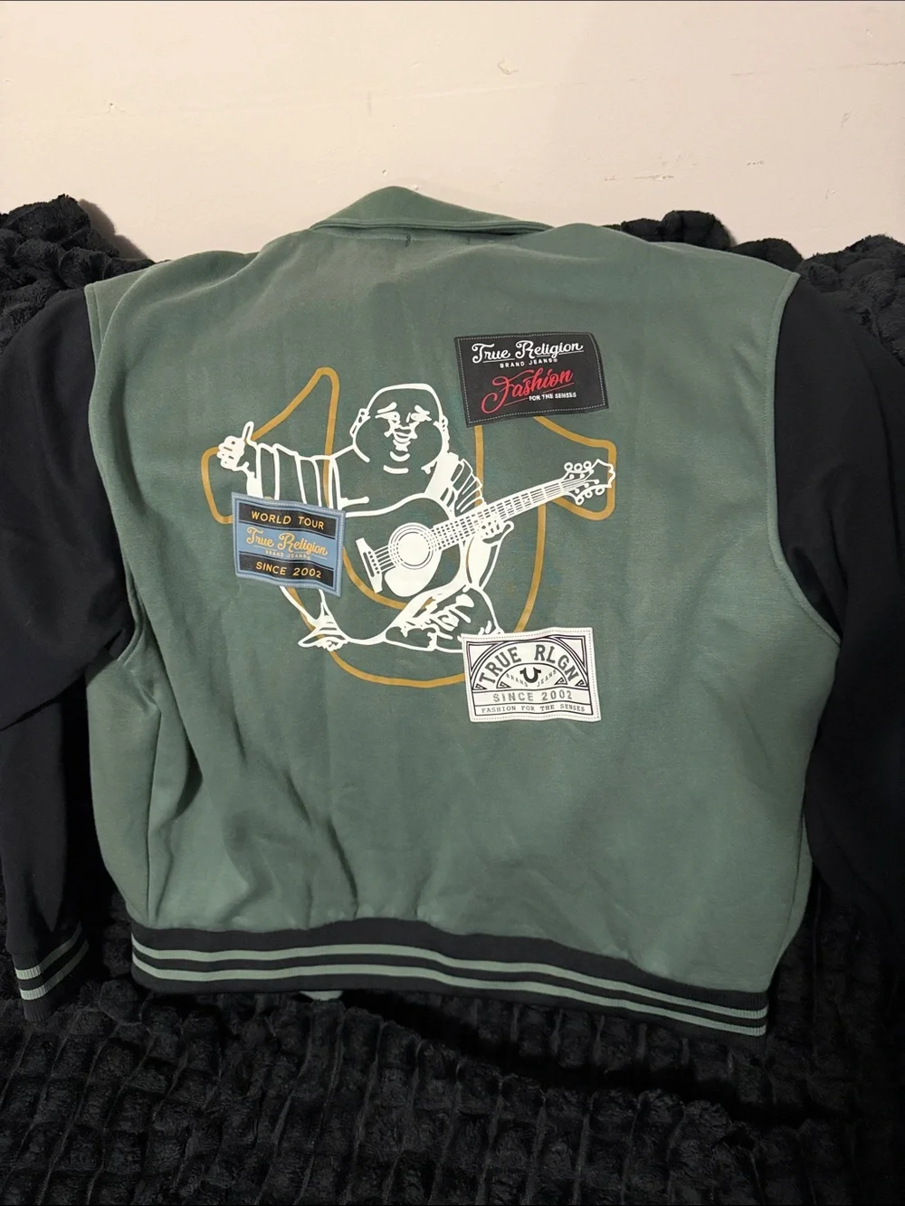 True Religion Green and Black Bomber Varsity Jacket with Gold Patch